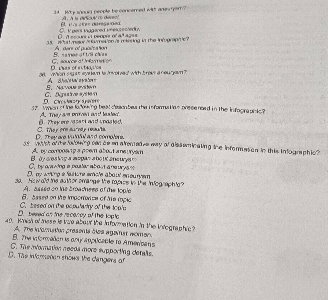Why should people be concerned with aneurysm?
A. It is difficult to detect.
B. it is often disregarded.
C. It gets triggered unexpectedly.
D. It occurs in people of all ages.
35. What major information is missing in the infographic?
A. date of publication
B. names of US cities
C. source of information
D. titles of subtapics
36. Which organ system is involved with brain aneurysm?
A. Skeletal system
B. Nervous system
C. Digestive system
D. Circulatory system
37. Which of the following best describes the information presented in the infographic?
A. They are proven and tested.
B. They are recent and updated.
C. They are survey results.
D. They are truthful and complete.
38. Which of the following can be an alternative way of disseminating the information in this infographic?
A. by composing a poem about aneurysm
B. by creating a slogan about aneurysm
C, by drawing a poster about aneurysm
D. by writing a feature article about aneurysm
39. How did the author arrange the topics in the infographic?
A. based on the broadness of the topic
B. based on the importance of the topic
C. based on the popularity of the topic
D. based on the recency of the topic
40. Which of these is true about the information in the infographic?
A. The information presents bias against women.
B. The information is only applicable to Americans
C. The information needs more supporting details.
D. The information shows the dangers of