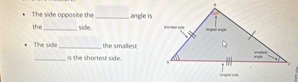 The side opposite the _angle is 
the_ side. 
The side _the smallest 
_is the shortest side. 
: