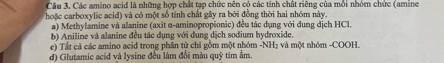 Các amino acid là những hợp chất tạp chức nên có các tính chất riêng của mồi nhóm chức (amine
hoặc carboxylic acid) và có một số tính chất gây ra bởi đồng thời hai nhóm này.
a) Methylamine và alanine (axit α-aminopropionic) đều tác dụng với dung dịch HCl.
b) Aniline và alanine đều tác dụng với dung dịch sodium hydroxide.
c) Tất cả các amino acid trong phân tử chỉ gồm một nhóm -NH_2 và một nhóm -COOH.
d) Glutamic acid và lysine đều làm đổi màu quỳ tím ẩm.