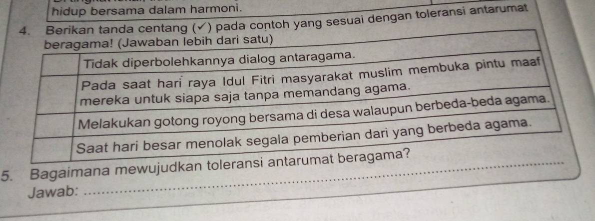 hidup bersama dalam harmoni. 
toh yang sesuai dengan toleransi antarumat 
5. Bagaimana mewujudkan to 
Jawab: