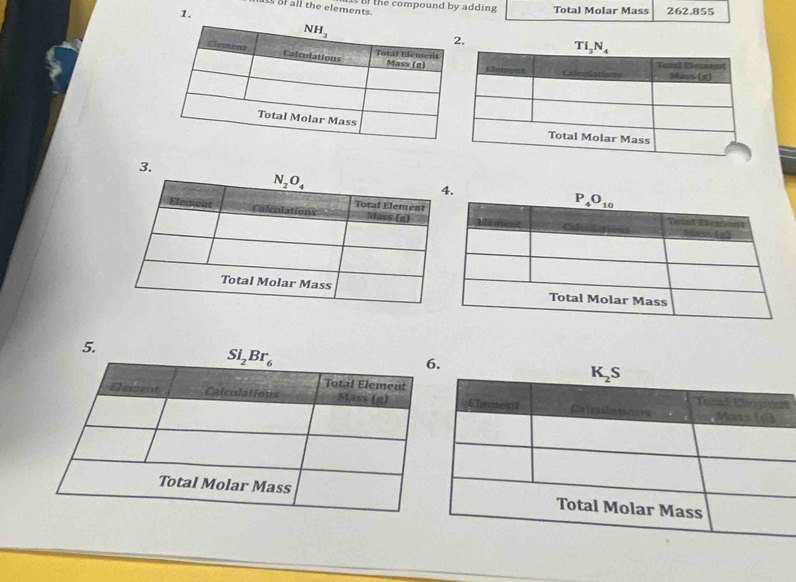 at of all the elements.   the compound by adding Total Molar Mass
1. 262.855
t