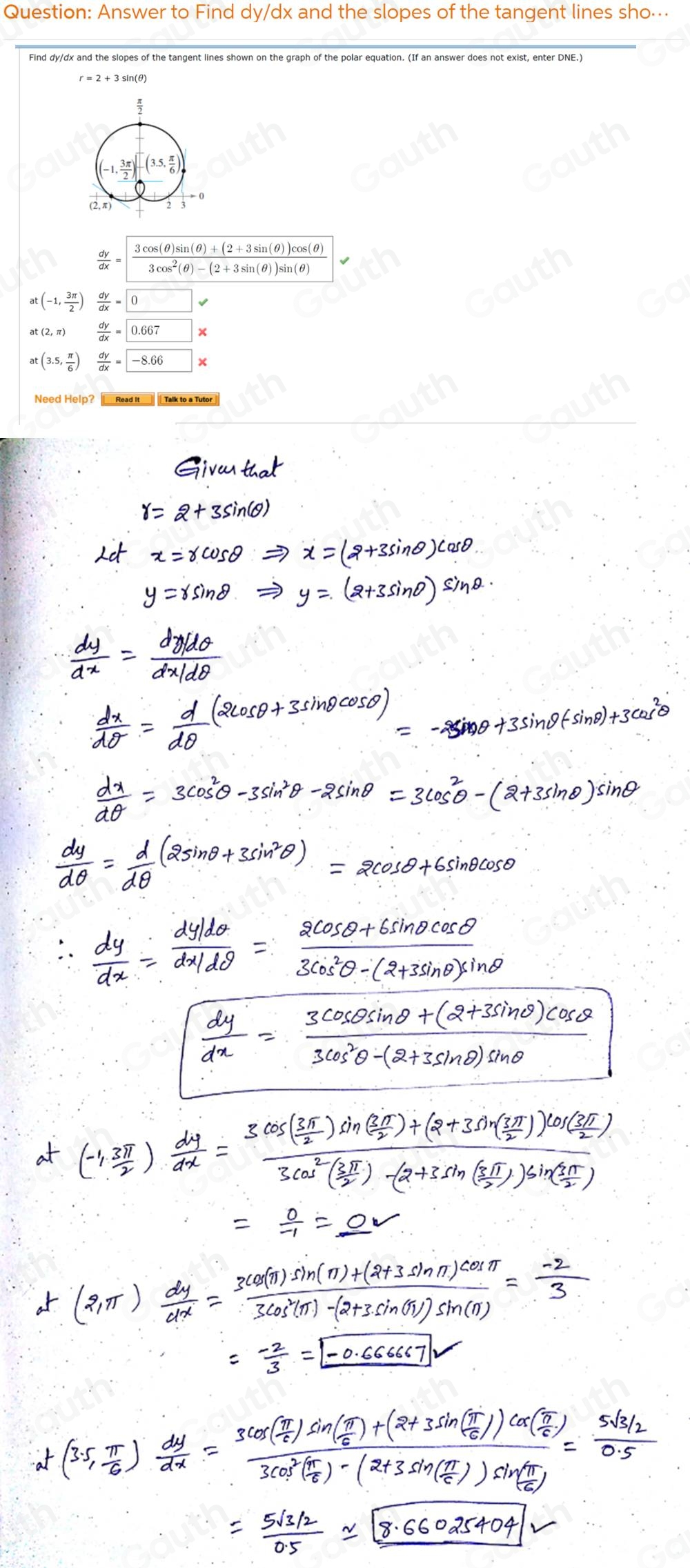 Solved: Find dy/dx and the slopes of the tangent lines shown on the ...