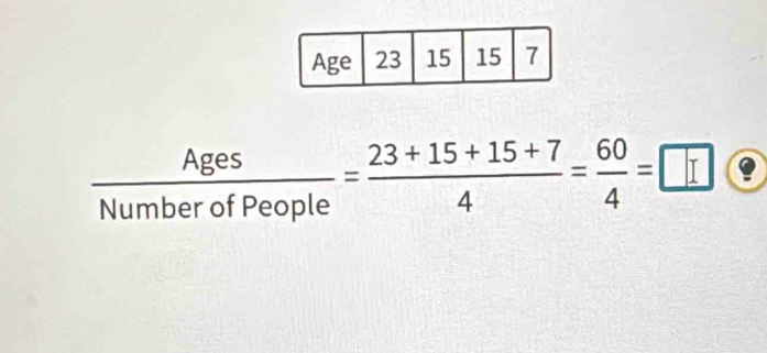  Ages/NumberofPeople = (23+15+15+7)/4 = 60/4 =□