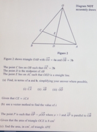 Diagram NOT 
accurniely drawn 
Figure 2 
Figure 2 shows triangle 0.68 with vector OA=4a and vector OB=3b
The poist C lizs on O such that vector OC=3b
The point £ lies on The point D is the midpoint of 48
AC such that OED is a strsight line. 
(x) Find, in terms of a and b. simplifying your answer where possible, 
0) vector CA (i) vector AB ii vector OO
Given that CE=4CA
h ) one a vector method to find the value of 
The point P is such tur vector OP=pvector OD whene n>1 and vector sP is paraflet no vector OB
Given that the area of triangle OCE is 8cm^2
(() find the area. incn^2 , of mangle AFE