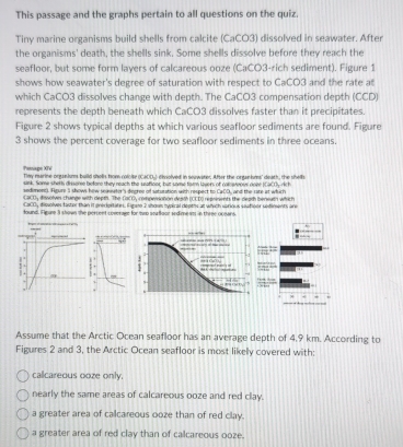 This passage and the graphs pertain to all questions on the quiz.
Tiny marine organisms build shells from calcite (CaCO3) dissolved in seawater. After
the organisms' death, the shells sink. Some shells dissolve before they reach the
seafloor, but some form layers of calcareous ooze (CaCO3-rich sediment). Figure 1
shows how seawater's degree of saturation with respect to CaCO3 and the rate at
which CaCO3 dissolves change with depth. The CaCO3 compensation depth (CCD)
represents the depth beneath which CaCO3 dissolves faster than it precipitates.
Figure 2 shows typical depths at which various seafloor sediments are found. Figure
3 shows the percent coverage for two seafloor sediments in three oceans.
Penape XIV
Tmy marine organisms build shells hom coloise (CaOD-) dissolved in seawater. After the ongankms' death, the shell
sink. Some sherh disere belone they neach the uafloor, but some far lovers of cam wteovs nnne (CaCOy rich
sedemont). Figure 3 shows hew seasater's degree of satutation with respect to Cato and the rate at which
caCO, dssolve change with dept. The CaCO, compwsotion dessh (CC to ressinent the reath beneut which
CaCOy disolves fister than it pneriortates. Figano 2 shoom sypical dopths at which sorious sesfioor snfiments are
found. Ngure 3 shown the percent coverage for two seufloor sedime ss; in three oceans.
Assume that the Arctic Ocean seafloor has an average depth of 4.9 km. According to
Figures 2 and 3, the Arctic Ocean seafloor is most likely covered with:
callcareous ooze only.
nearly the same areas of calcareous ooze and red clay.
a greater area of calcareous ooze than of red clay.
a greater area of red clay than of calcareous ooze.