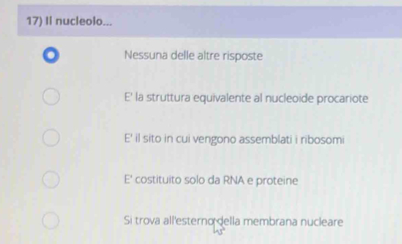 II nucleolo...
Nessuna delle altre risposte
E' la struttura equivalente al nucleoide procariote
E' il sito in cui vengono assemblati i ribosomi
E' costituito solo da RNA e proteine
Si trova all'esterno della membrana nucleare