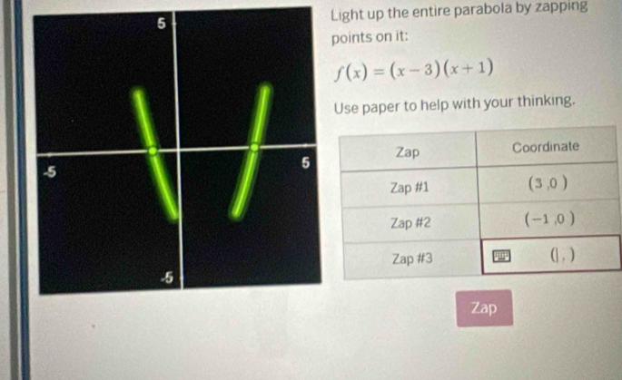 Light up the entire parabola by zapping
oints on it:
f(x)=(x-3)(x+1)
Use paper to help with your thinking.
Zap