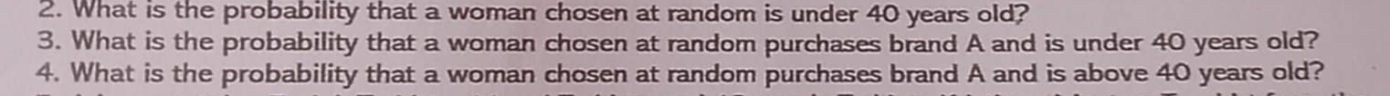 What is the probability that a woman chosen at random is under 40 years old? 
3. What is the probability that a woman chosen at random purchases brand A and is under 40 years old? 
4. What is the probability that a woman chosen at random purchases brand A and is above 40 years old?