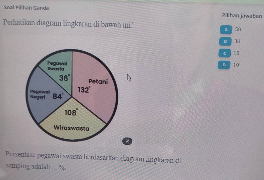 Soal Pilihan Ganda
Pilihan jawaban
Perhatikan diagram lingkaran di bawah ini!
A ] 50
e 30
c 15
D  10
Persentase pegawai swasta berdasarkan diagram lingkaran di
samping adalah ... %.