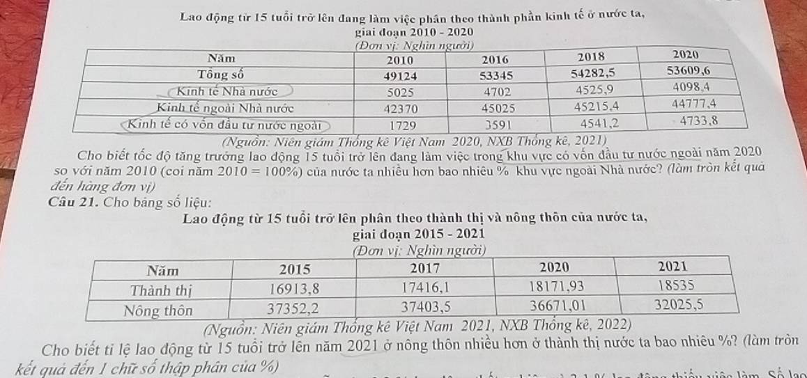 Lao động từ 15 tuổi trở lên đang làm việc phần theo thành phần kinh tế ở nước ta, 
giai đoạn 2010 - 2020 
(Nguồn: Niên giám Thống kê Việt Nam 2020, NXB Thố 
Cho biết tốc độ tăng trưởng lao động 15 tuổi trở lên đang làm việc trong khu vực có vốn đầu tư nước ngoài năm 2020
so với năm 2010 (coi năm 2010=100% ) của nước ta nhiều hơn bao nhiêu % khu vực ngoài Nhà nước? (làm tròn kết quả 
đến hàng đơn vị) 
Câu 21. Cho bảng số liệu: 
Lao động từ 15 tuổi trở lên phân theo thành thị và nông thôn của nước ta, 
giai đoạn 2015 - 2021 
(Nguồn: Niên giám Thổng kê Việt Nam 2021, NXB Thổng kê, 2022) 
Cho biết tỉ lệ lao động từ 15 tuổi trở lên năm 2021 ở nông thôn nhiều hơn ở thành thị nước ta bao nhiêu %? (làm tròn 
kết quả đến 1 chữ số thập phân của %) 
S ố la s