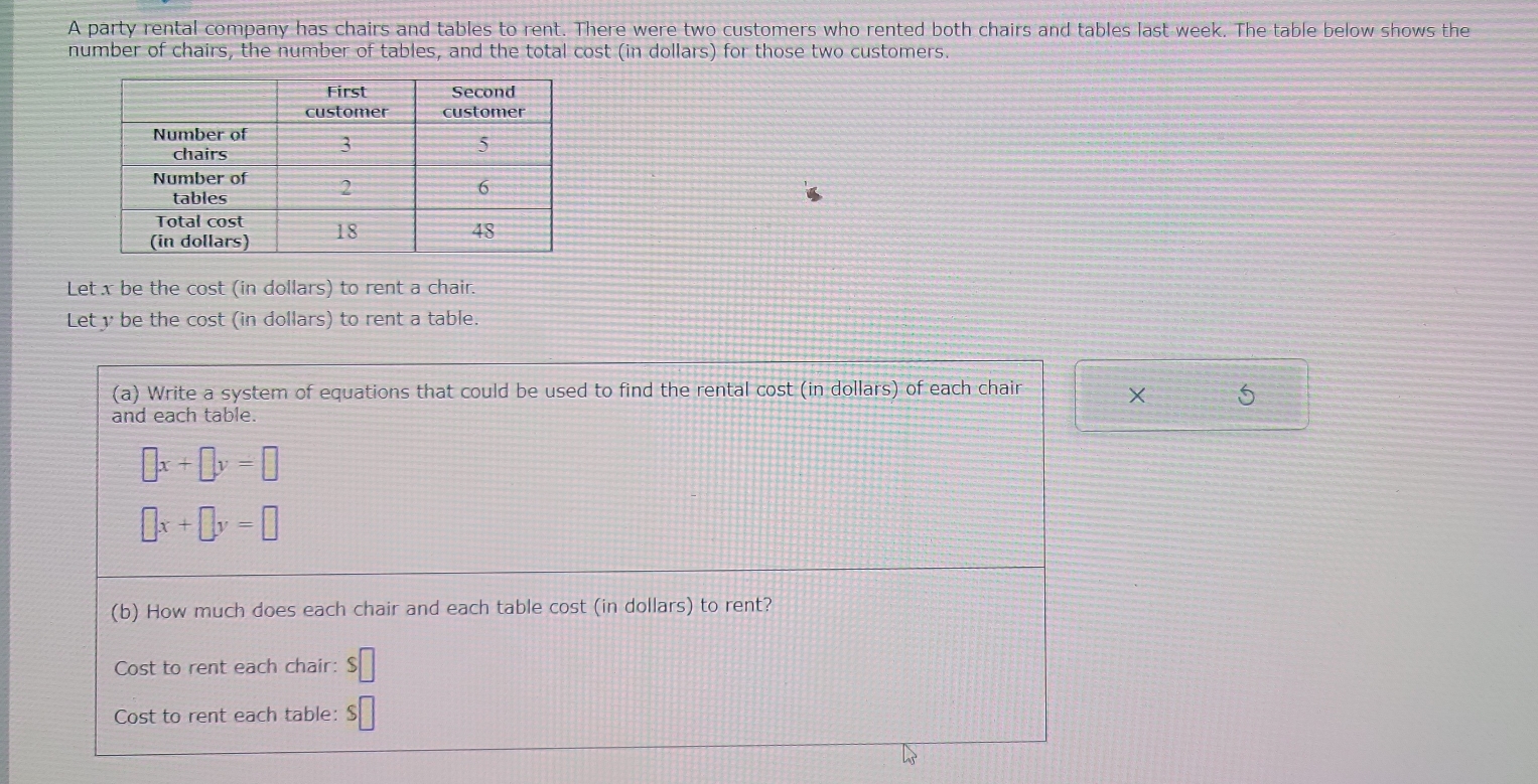 A party rental company has chairs and tables to rent. There were two customers who rented both chairs and tables last week. The table below shows the 
number of chairs, the number of tables, and the total cost (in dollars) for those two customers 
Let x be the cost (in dollars) to rent a chair. 
Let y be the cost (in dollars) to rent a table. 
(a) Write a system of equations that could be used to find the rental cost (in dollars) of each chair × 5
and each table.
□ x+□ y=□
□ x+□ y=□
(b) How much does each chair and each table cost (in dollars) to rent? 
Cost to rent each chair: S □ 
Cost to rent each table: $□