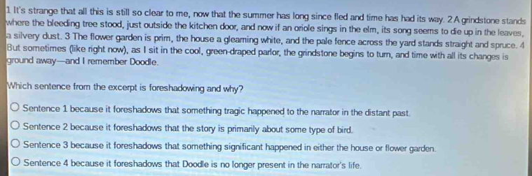It's strange that all this is still so clear to me, now that the summer has long since fled and time has had its way. 2 A grindstone stands
where the bleeding tree stood, just outside the kitchen door, and now if an oriole sings in the elm, its song seems to die up in the leaves,
a silvery dust. 3 The flower garden is prim, the house a gleamning white, and the pale fence across the yard stands straight and spruce. 4
But sometimes (like right now), as I sit in the cool, green-draped parlor, the grindstone begins to turn, and time with all its changes is
ground away—and I remember Doodle.
Which sentence from the excerpt is foreshadowing and why?
Sentence 1 because it foreshadows that something tragic happened to the narrator in the distant past.
Sentence 2 because it foreshadows that the story is primarily about some type of bird.
Sentence 3 because it foreshadows that something significant happened in either the house or flower garden.
Sentence 4 because it foreshadows that Doodle is no longer present in the narrator's life.