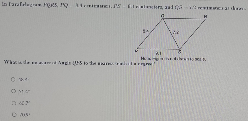 In Parallelogram PQRS PQ=8.4 centimeters, PS=9.1 centimeters, and QS=7.2 centimeters as shown.
Note: Figure is not drawn to scale.
What is the measure of Angle QPS to the nearest tenth of a degree?
48.4°
51.4°
60.7°
70.9°