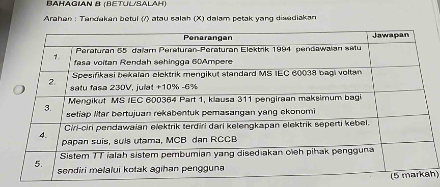 BAHAGIAN B (BETUL/SALAH) 
Arahan : Tandakan betul (/) atau salah (X) dalam petak yang disediakan 
h)