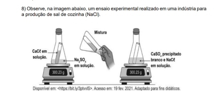 Observe, na imagem abaixo, um ensaio experimental realizado em uma indústria para 
a produção de sal de cozinha (NaCl). 
Disponível em:. Acesso em: 19 fev. 2021. Adaptado para fins didáticos.