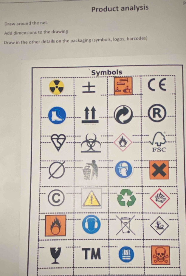 Product analysis 
Draw around the net. 
Add dimensions to the drawing 
Draw in the other details on the packaging (symbols, logos, barcodes)