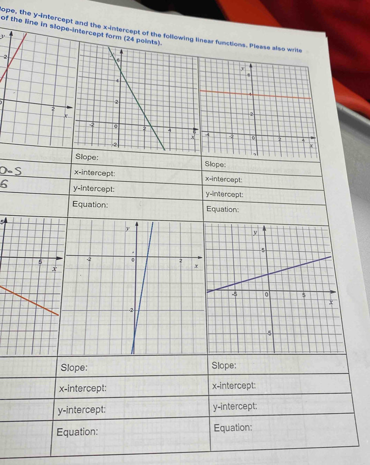 of the line in slope-intercept for
ope, the y-intercept and the x-intercept of the folnear functions. Please also write
ν
2
Slope: Slope:
0.s x-intercept: x-intercept:
5
y-intercept: y-intercept:
Equation: Equation:
5
Slope: Slope:
x-intercept: x-intercept:
y-intercept: y-intercept:
Equation: Equation: