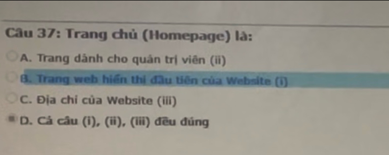 Trang chủ (Homepage) là: 
A. Trang dảnh cho quản trị viên (ii) 
B. Trang web hiển thị đầu tiên của Website (i) 
C. Địa chỉ của Website (iii) 
D. Cá câu (i), (ii), (iii) đều đúng