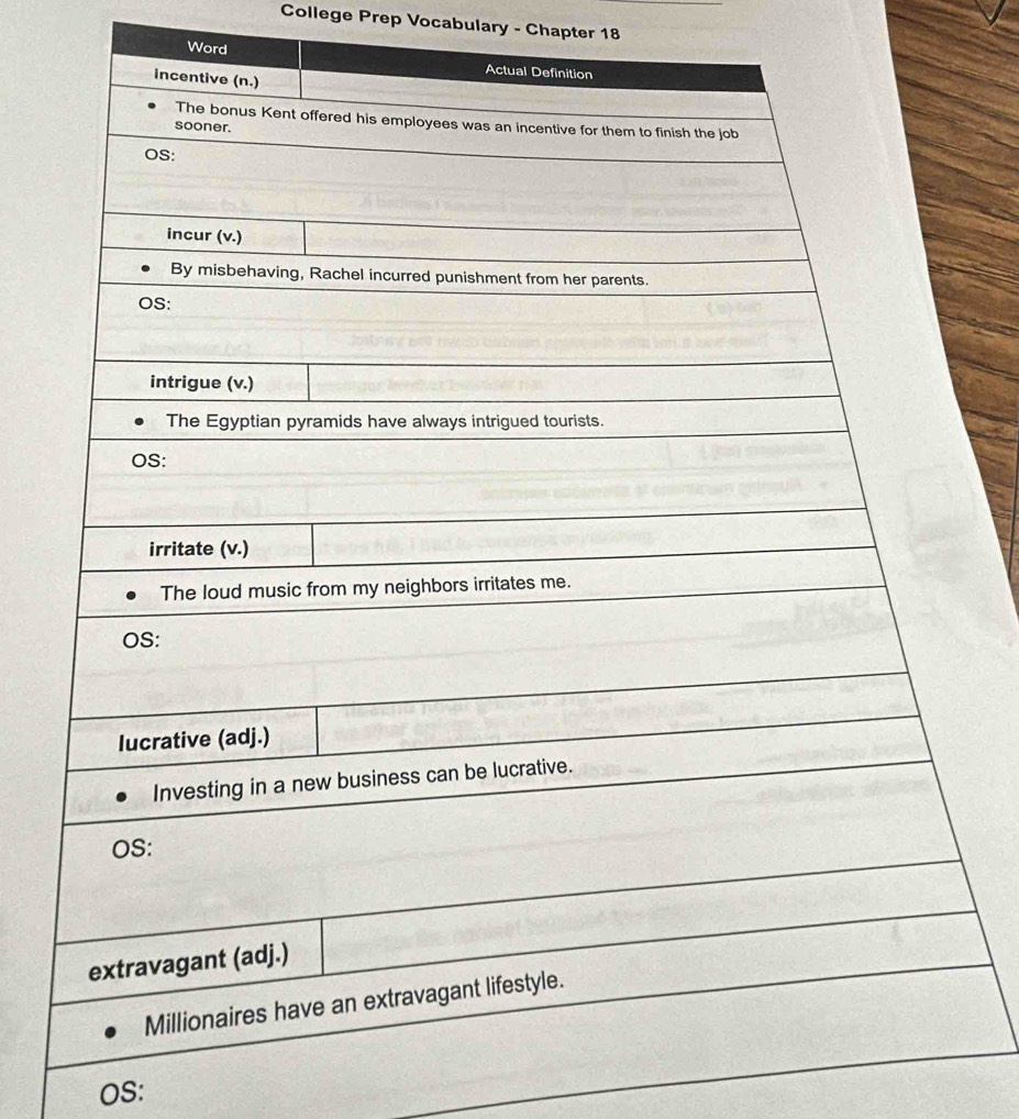 College Prep Vocabulary - Chapter 18 
Word 
OS: