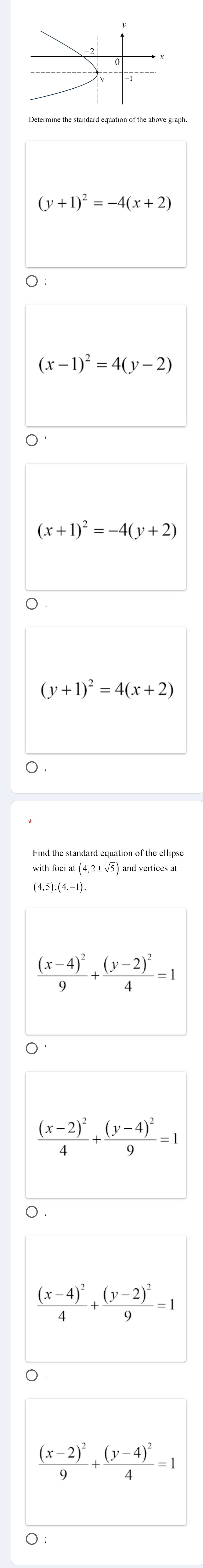 (y+1)^2=-4(x+2)
○ ;
(x-1)^2=4(y-2)
(x+1)^2=-4(y+2)
0 .
(y+1)^2=4(x+2)
o . 
with foci at ( (4,2± sqrt(5)) and vertices at
4,5), (4,-1).
frac (x-4)^29+frac (y-2)^24=1
frac (x-2)^24+frac (y-4)^29=1
○ .
frac (x-4)^24+frac (y-2)^29=1
。
frac (x-2)^29+frac (y-4)^24=1