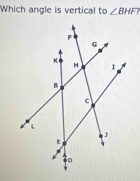 Which angle is vertical to ∠ BHF