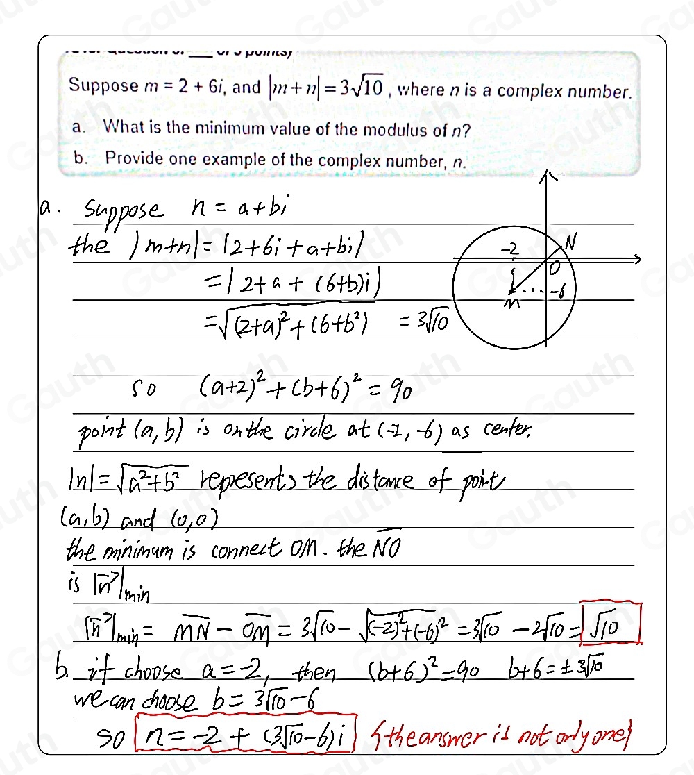 Solved: Suppose m=2+6i , and |m+n|=3sqrt(10) , where n is a complex ...