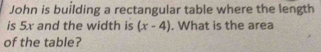 John is building a rectangular table where the length 
is 5x and the width is (x-4). What is the area 
of the table?
