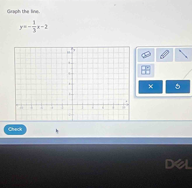 Graph the line.
y=- 1/3 x-2
× 5
Check