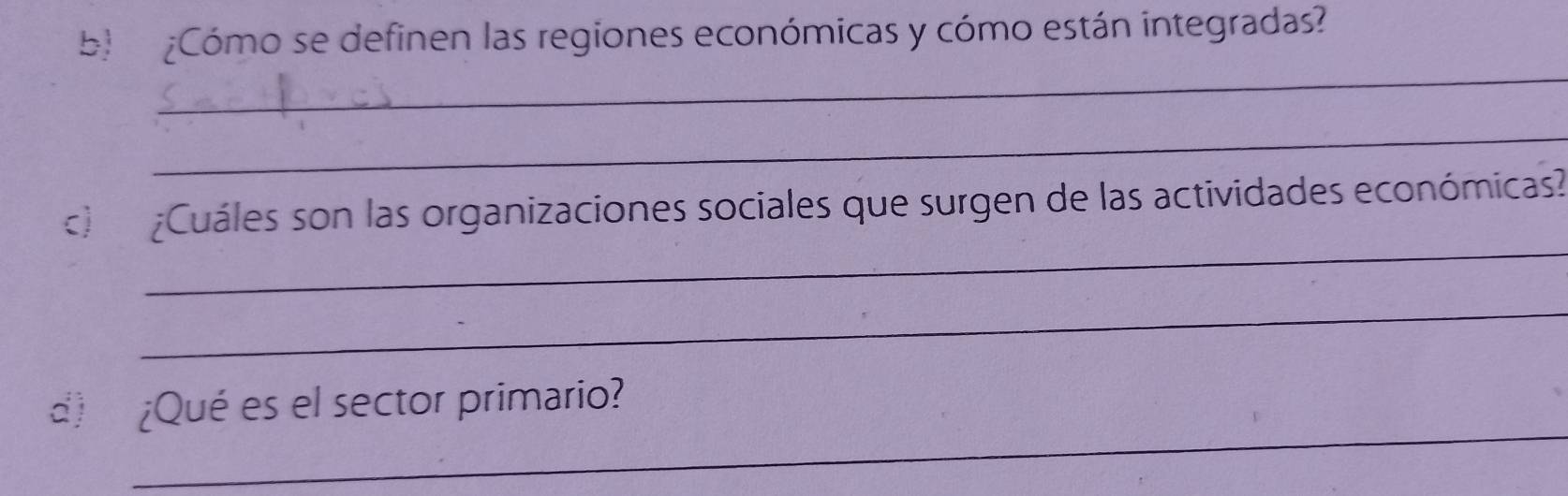 b ¿Cómo se definen las regiones económicas y cómo están integradas? 
_ 
_ 
_ 
c ¿Cuáles son las organizaciones sociales que surgen de las actividades económicas? 
_ 
_ 
d ¿Qué es el sector primario?