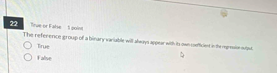 True or False 1 point
The reference group of a binary variable will always appear with its own coefficient in the regression output.
True
False