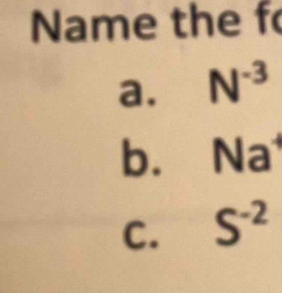 Name the f 
a. N^(-3)
b. Na v 
C. S^(-2)