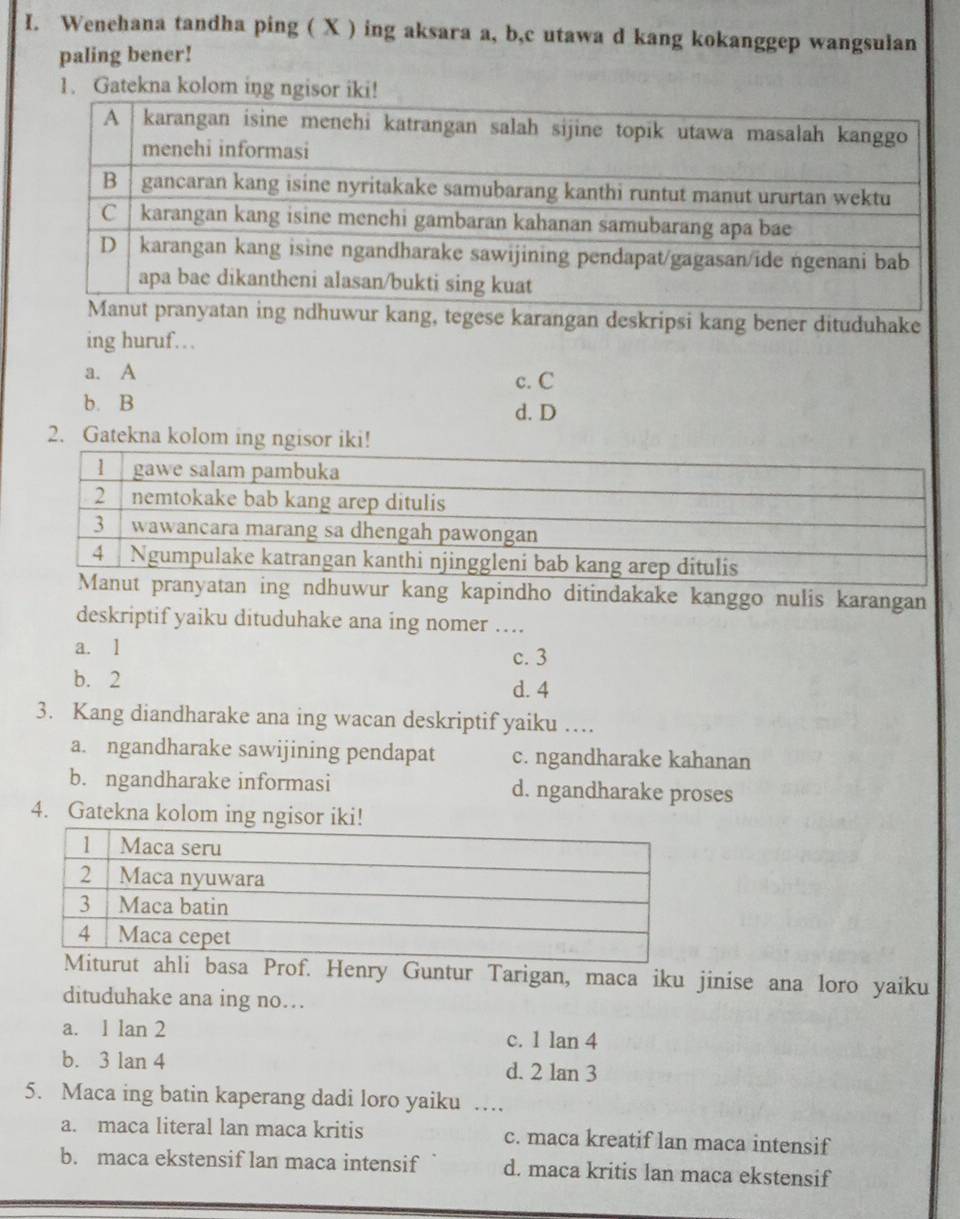 Wenehana tandha ping ( X ) ing aksara a, b,c utawa d kang kokanggep wangsulan
paling bener!
1. Gatekna kolom ing ngisor iki!
anyatan ing ndhuwur kang, tegese karangan deskripsi kang bener dituduhake
ing huruf…
a. A c. C
b. B d. D
2. Gatekna kolom ing ngisor iki!
ranyatan ing ndhuwur kang kapindho ditindakake kanggo nulis karangan
deskriptif yaiku dituduhake ana ing nomer ….
a. l c. 3
b. 2 d. 4
3. Kang diandharake ana ing wacan deskriptif yaiku …
a. ngandharake sawijining pendapat c. ngandharake kahanan
b. ngandharake informasi d. ngandharake proses
4. Gatekna kolom ing ngisor iki!
Prof. Henry Guntur Tarigan, maca iku jinise ana loro yaiku
dituduhake ana ing no…
a. 1 lan 2
c. 1 lan 4
b. 3 lan 4 d. 2 lan 3
5. Maca ing batin kaperang dadi loro yaiku …
a. maca literal lan maca kritis c. maca kreatif lan maca intensif
b. maca ekstensif lan maca intensif d. maca kritis lan maca ekstensif