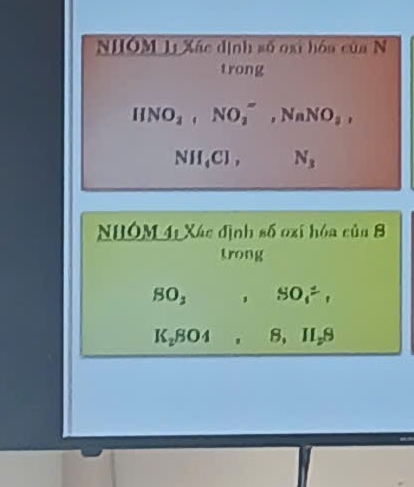 NHÔM L Xác dịnh số oại hóa của N 
trong
HNO_2, NO_2^(-, NaNO_2),
NH₄Cl , N_3
NHÔM 4ị Xác định _8hat  oxi hóa củn 8 
trong 
SO_1 ,SO_1=,
K_2SO4, 8, IL_2S