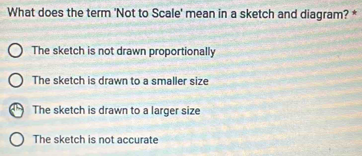 What does the term 'Not to Scale' mean in a sketch and diagram? *
The sketch is not drawn proportionally
The sketch is drawn to a smaller size
The sketch is drawn to a larger size
The sketch is not accurate