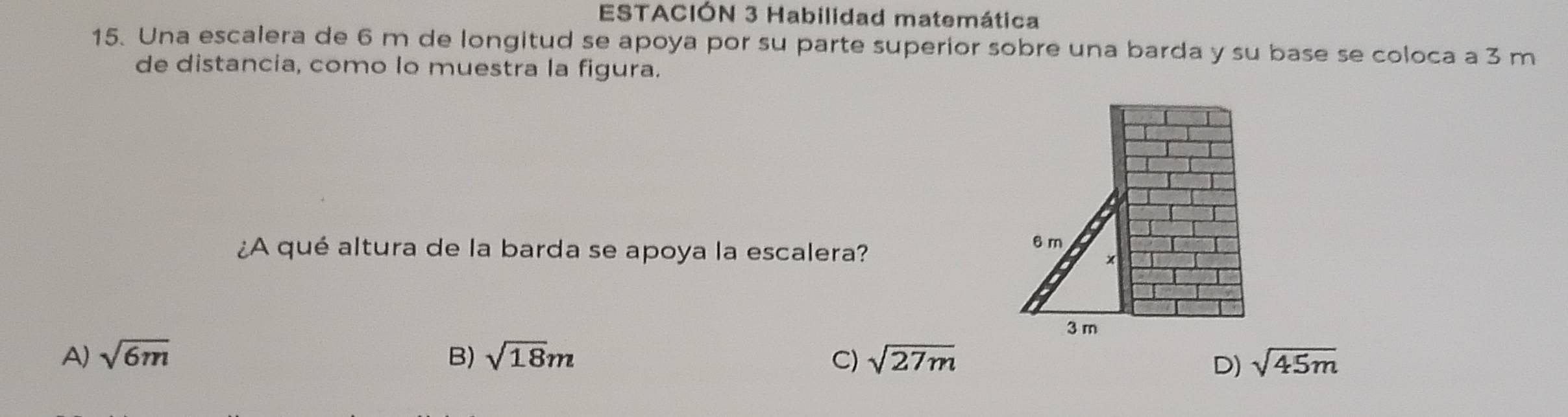 ESTACIÓN 3 Habilidad matemática
15. Una escalera de 6 m de longitud se apoya por su parte superior sobre una barda y su base se coloca a 3 m
de distancia, como lo muestra la figura.
¿A qué altura de la barda se apoya la escalera?
6 m
x
3 m
A) sqrt(6m) B) sqrt(18)m C) sqrt(27m) D) sqrt(45m)