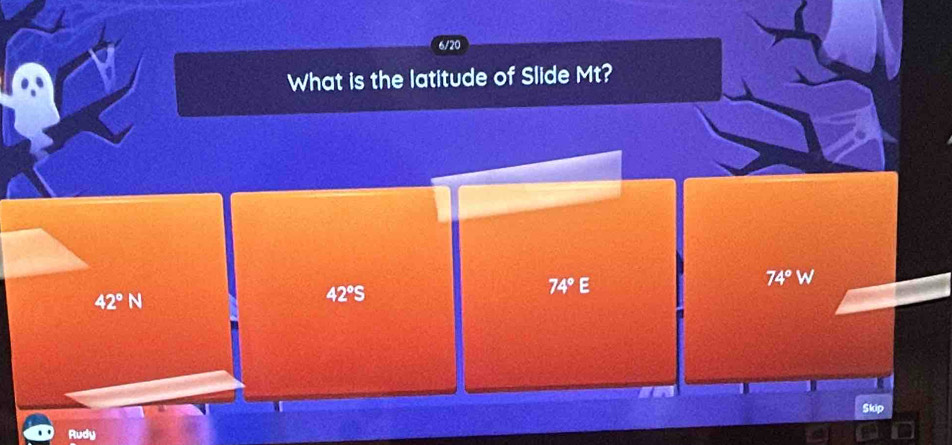 6/20
What is the latitude of Slide Mt?
74°E
74°W
42°N
42°S
Skip
audy