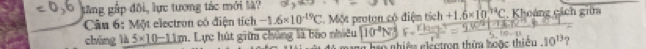 găng gập đôi, lực tương tác mới l? 
Câu 6: Một electron có điện tích -1.6* 10^(-19)C 2. Một proton cộ điệm tieh+1.6* 10^(24)C * Khoảng cách giữa 
chúng là 5* 10-11m 1. Lực hút giữa chứng là bao nhiều 10^4N
hao nhiêu néctron thứm hoặc thiếu . 10^(13) 7