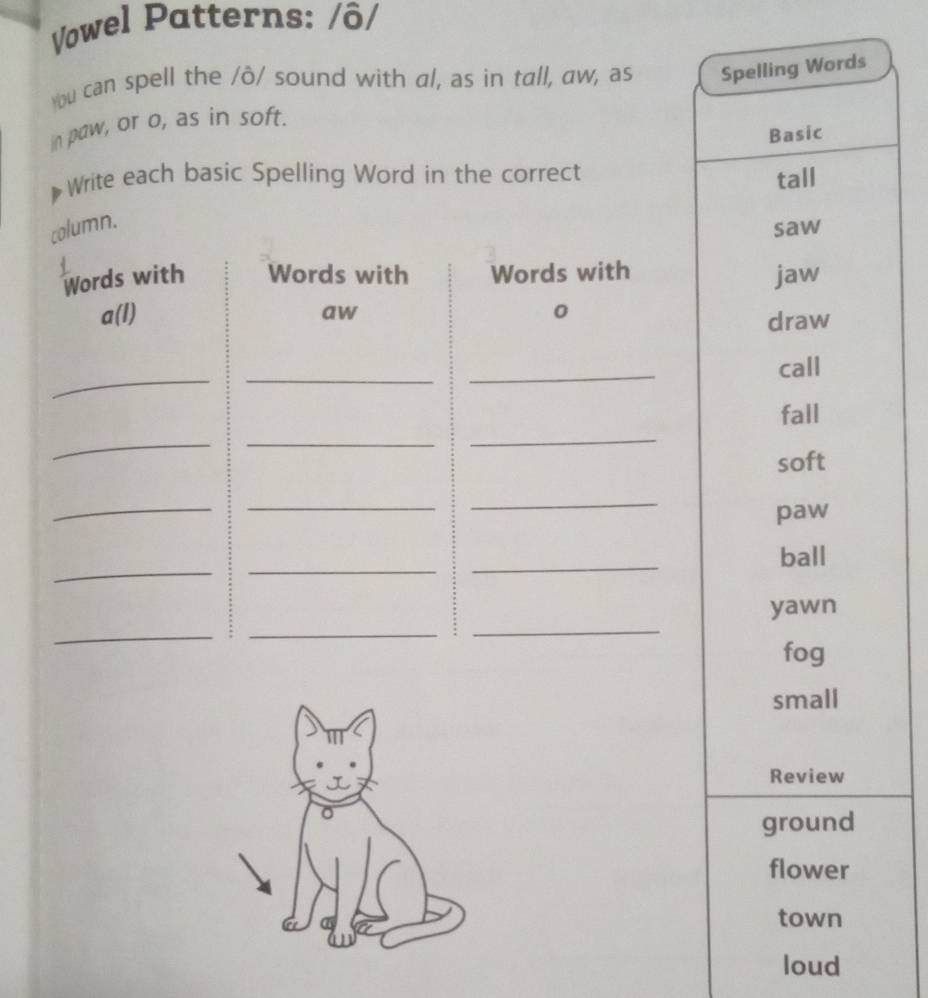 Vowel Patterns: /ô/ 
You can spell the /ô/ sound with al, as in tall, aw, as 
in paw, or o, as in soft. Spelling Words 
Basic 
》Write each basic Spelling Word in the correct tall 
column. 
saw 
` 
Words with Words with Words with jaw 
a(l) aw 0 
draw 
__ 
_ 
call 
fall 
_ 
_ 
_ 
soft 
_ 
_ 
_ 
paw 
_ 
_ 
_ 
ball 
_ 
_ 
yawn 
_ 
fog 
small 
Review 
ground 
flower 
town 
loud