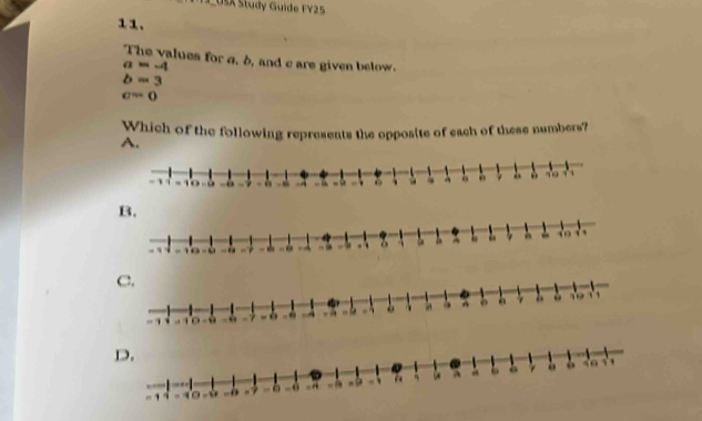 USA Study Guide FV25
11.
The values for σ, b, and c are given below.
a=-4
b=3
c=0
Which of the following represents the opposite of each of these numbers?
A.