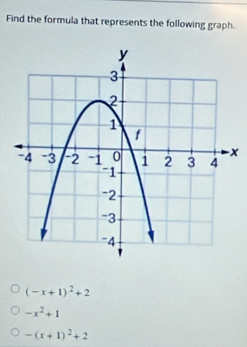 Find the formula that represents the following graph.
x
(-x+1)^2+2
-x^2+1
-(x+1)^2+2