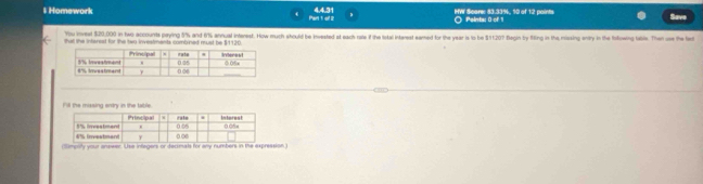 Homework Pairt ti olf i2 44.31 HW Scane: 83.33%, 10 of 12 points ○ Poinbs: 0 of 1 Save 
You invest $20,000 in two accounts parying 5% and 11 annual interest. How much should be invested at each rate if the total interest eared for the year is to be $11:207 Begin by Miting in the missing entry in the folowing table. The u he 
that the intarest for the two investments combined must be $1120. 
Fill the missing entry in the table. 
(Simpily your answer. Use infegers or decimals for any numbers in the expression.)