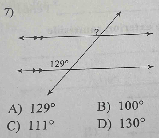 A) 129° B) 100°
C) 111° D) 130°