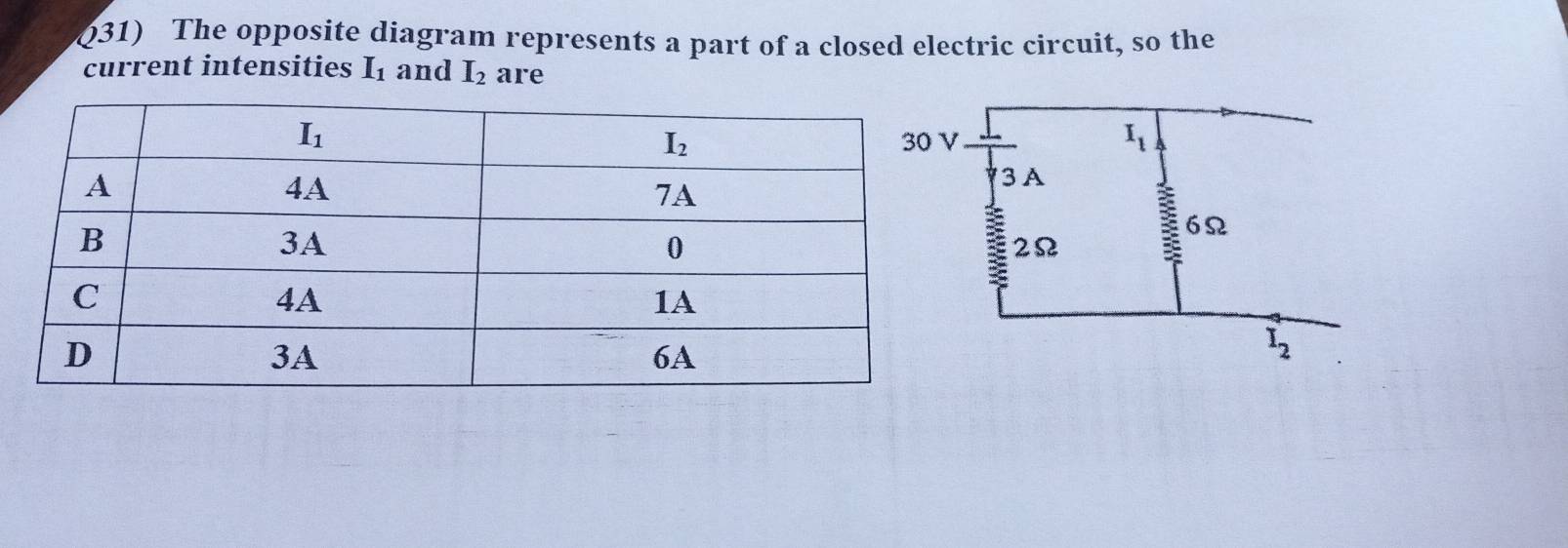 Q31) The opposite diagram represents a part of a closed electric circuit, so the
current intensities I_1 and I_2 are