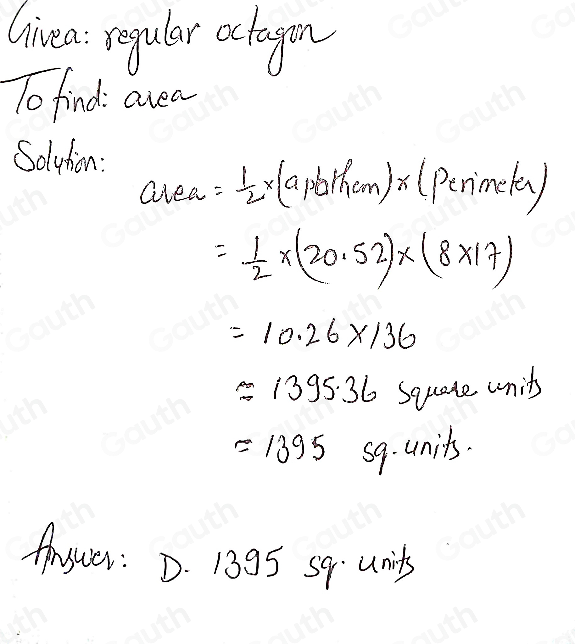 Solved: What is the area of the regular octagon shown below? A. 2442 sq ...
