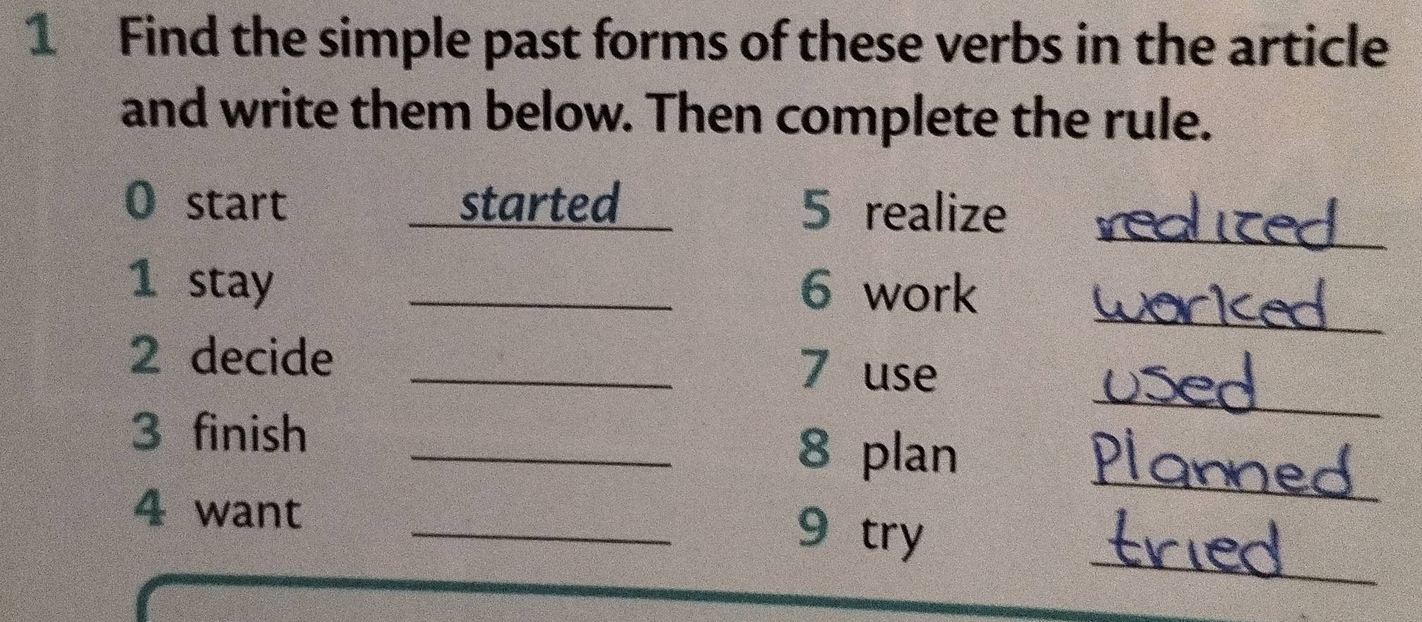 Find the simple past forms of these verbs in the article 
and write them below. Then complete the rule. 
_ 
O start started_ 5 realize 
_ 
1 stay _6 work 
_ 
2 decide _7 use 
_ 
3 finish _8 plan 
_ 
4 want _9 try