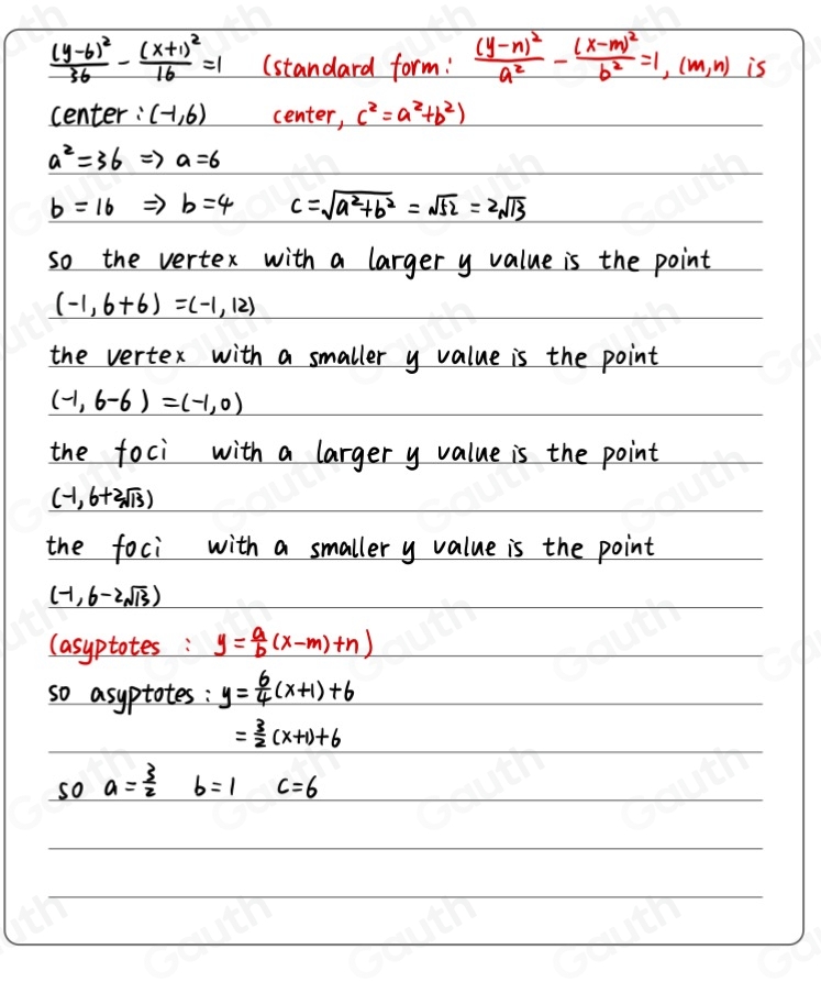 Solved: Identify the vertices, foci and equations for the asymptotes of ...