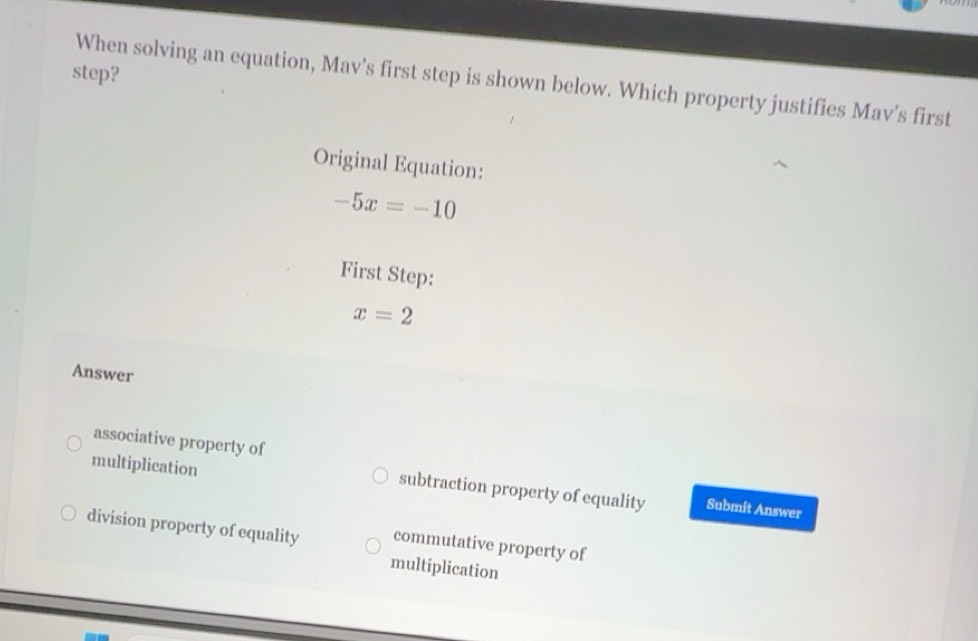 Solved: step? When solving an equation, Mav’s first step is shown below ...