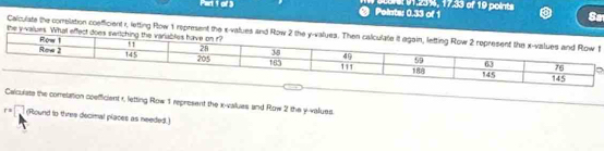 Points: 0.33 of 1 01.25%, 17.33 of 19 points 

Sr 
Calculate the comslation coefficient r, letting Row 1 repreent the x -vatues and 
the y -values. What effect 
Calculate the conretation coefficient r, letting Row 1 represent the x -values and Row 2 the y -values.
r=□ (Round to three decimal places as needed.)