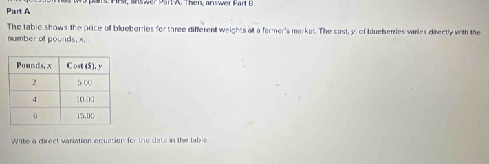 tion has two parts. First, answer Part A. Then, answer Part B. 
Part A 
The table shows the price of blueberries for three different weights at a farmer's market. The cost, y, of blueberries varies directly with the 
number of pounds, x. 
Write a direct variation equation for the data in the table.