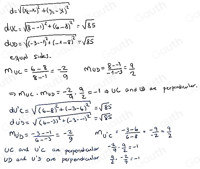 Solved: Given: Triangle DUC with coordinates D(-3,-1), U(-1,8) , and C ...